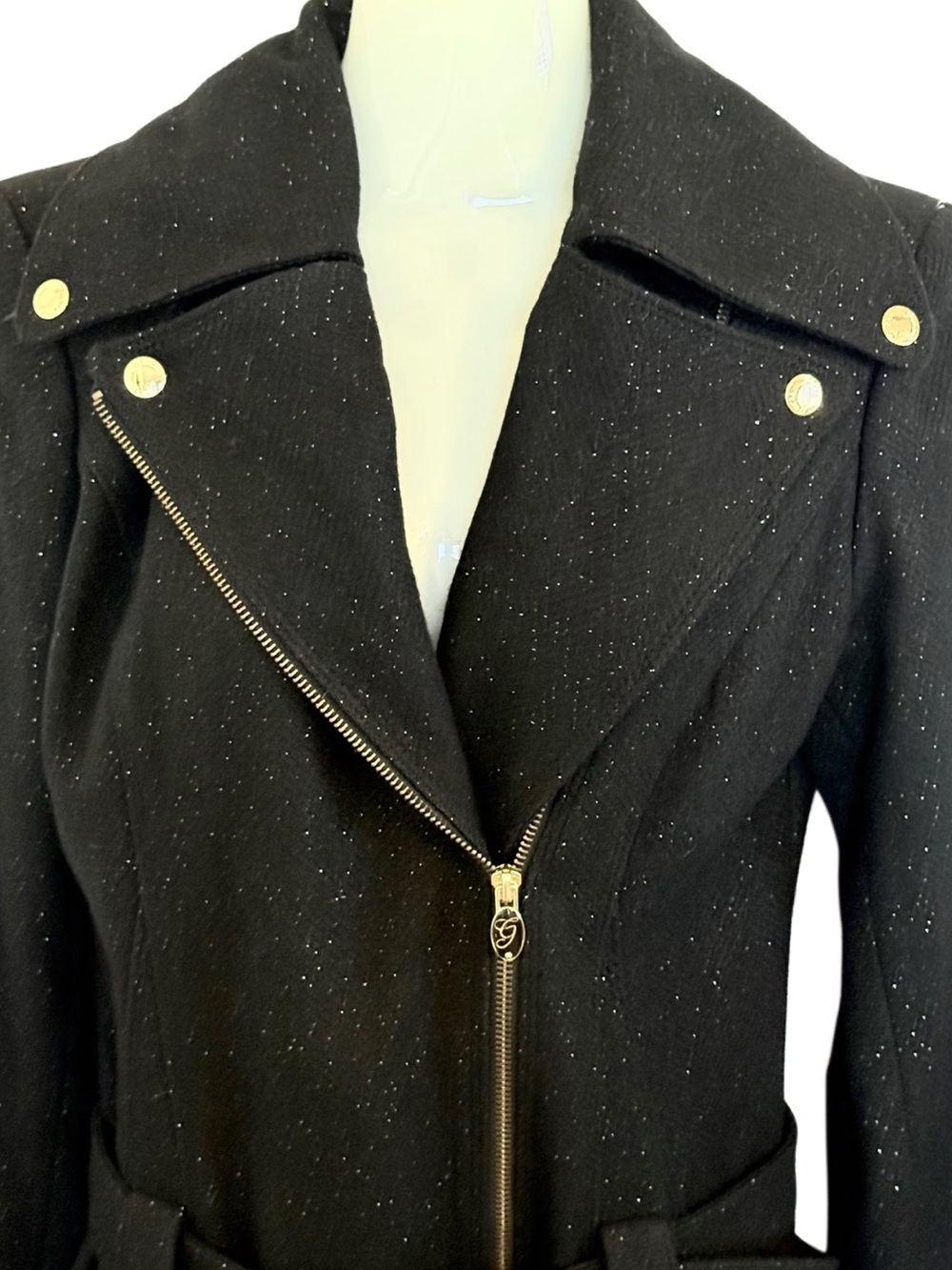 GUESS Black Wool Blend Coat XS Gold Shimmer Sparkle Moto Trench Belted Zip - Picture 7 of 14